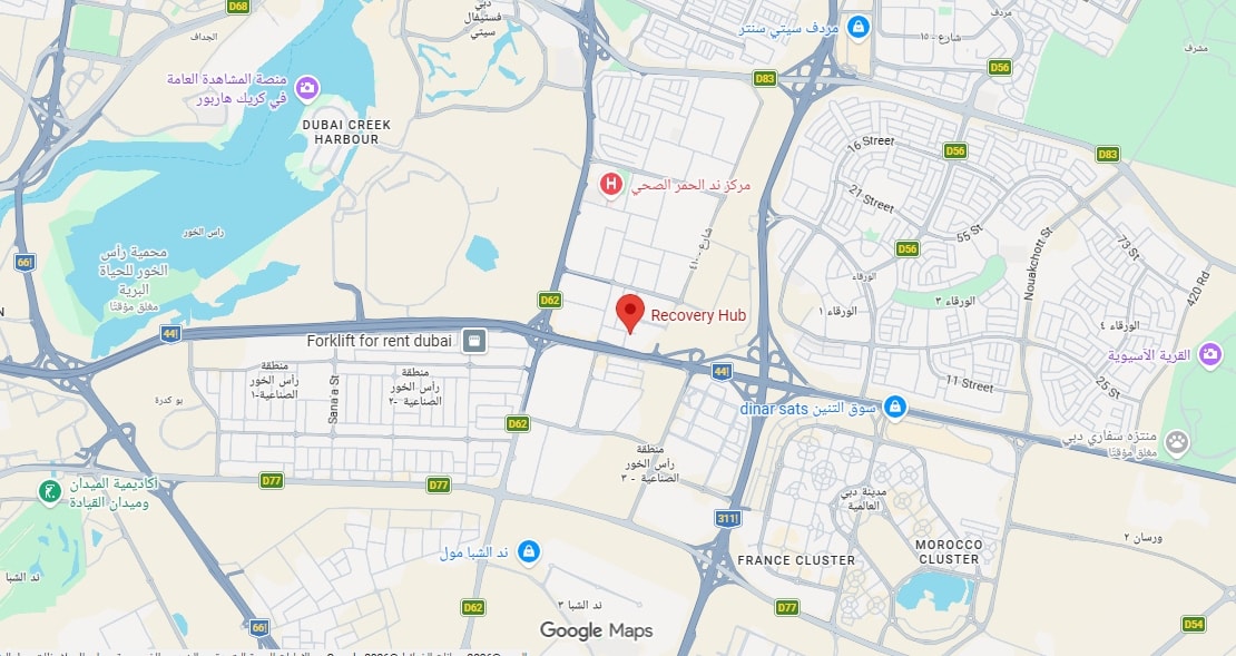 Map showing the location of Recovery Hub Medical Center in Nad Al Hamar, Dubai