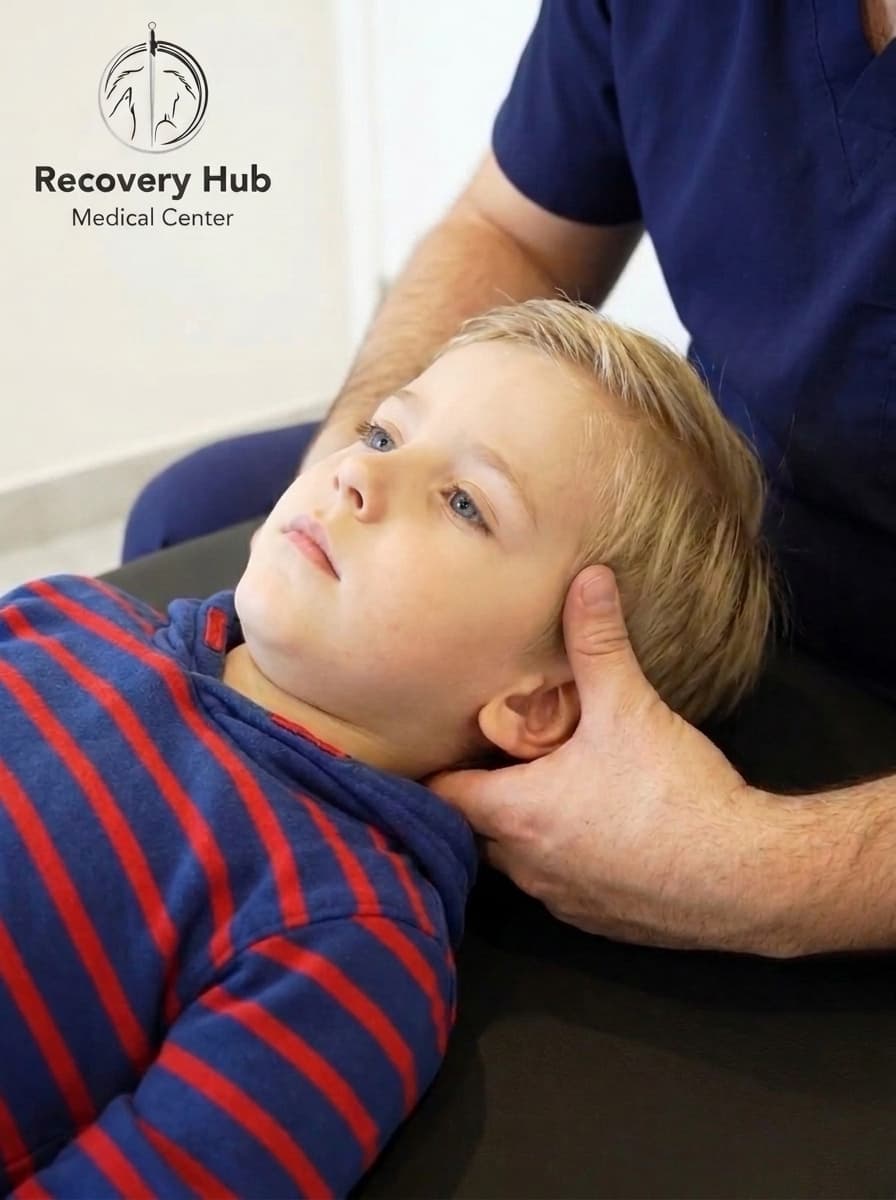 Specialist giving a child a massage session at Recovery Hub Medical Center